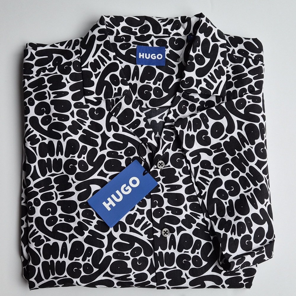 HUGO Boss Eligino Button-Up Resort Shirt In Monochrome Black & White Size XL